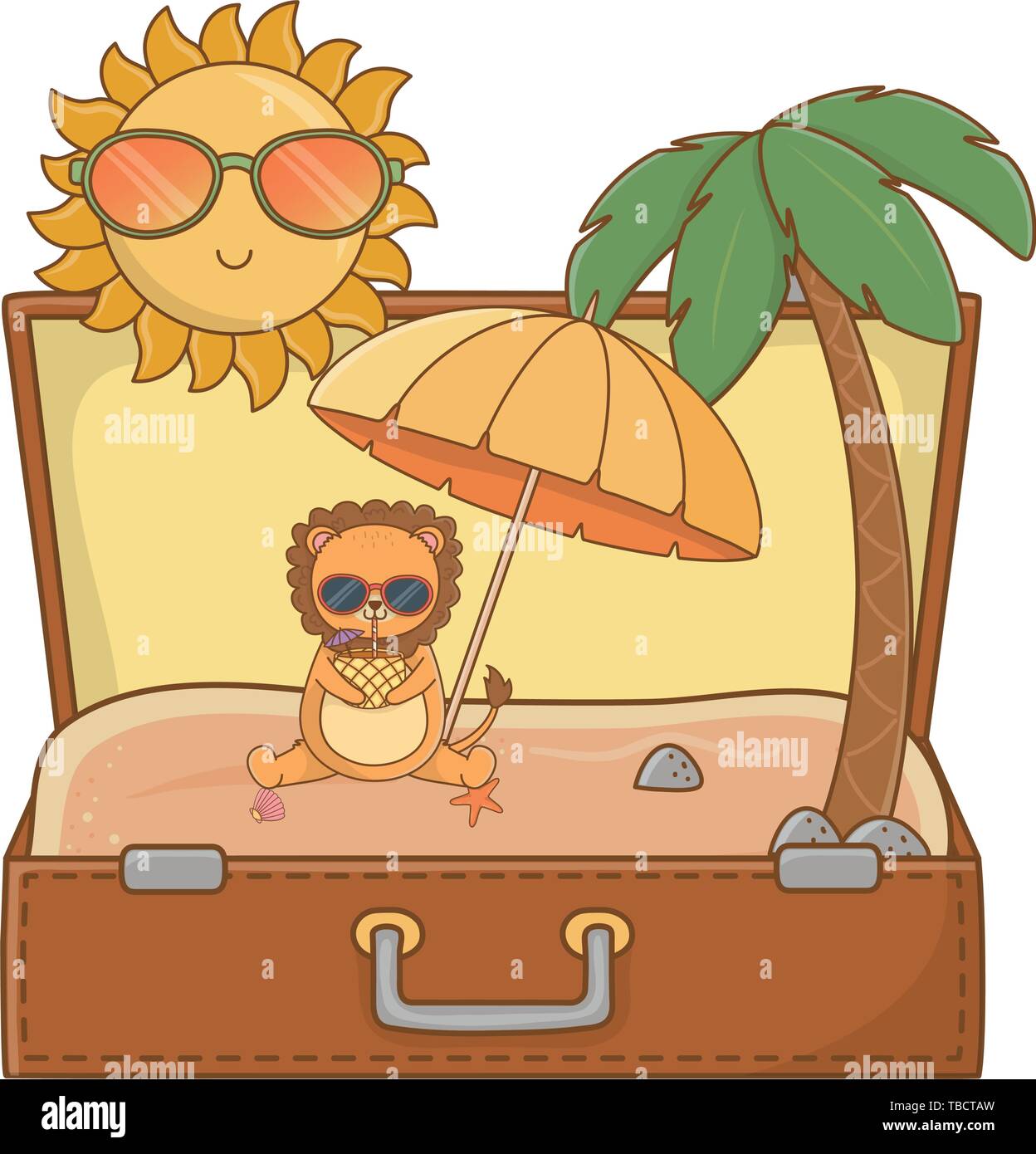 https://c8.alamy.com/comp/TBCTAW/summer-vacation-relax-time-cute-little-happy-animal-lion-inside-travel-suitcase-with-beach-scene-and-sand-floor-with-beach-palm-and-sun-umbrella-with-sun-wearing-sunglasses-cartoon-vector-illustration-graphic-design-TBCTAW.jpg