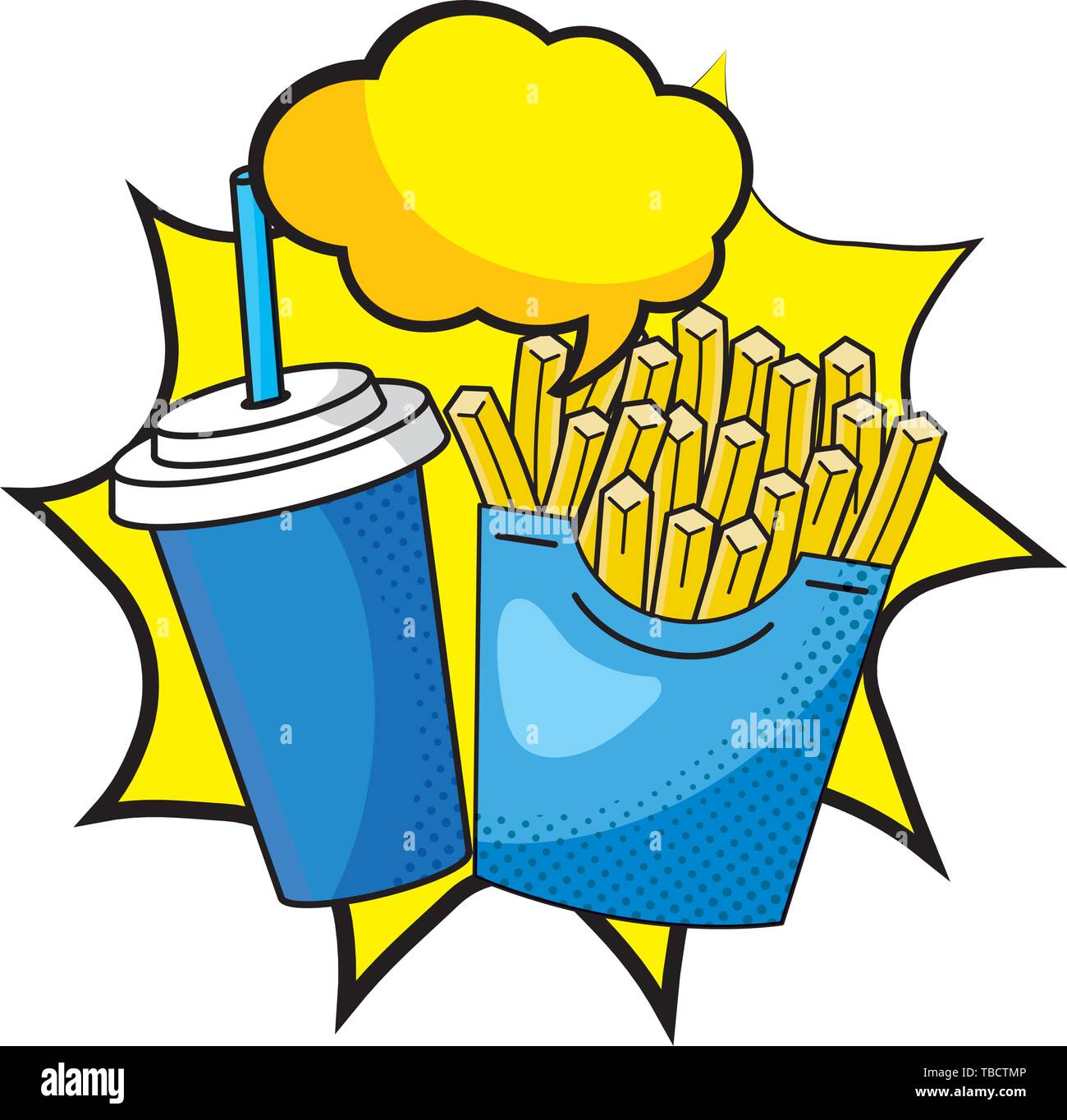 french fries with soda paper cup and straw with speech bubble pop art