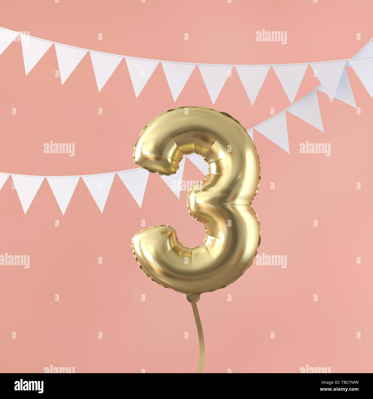 Happy 3rd birthday party celebration gold balloon and bunting. 3D