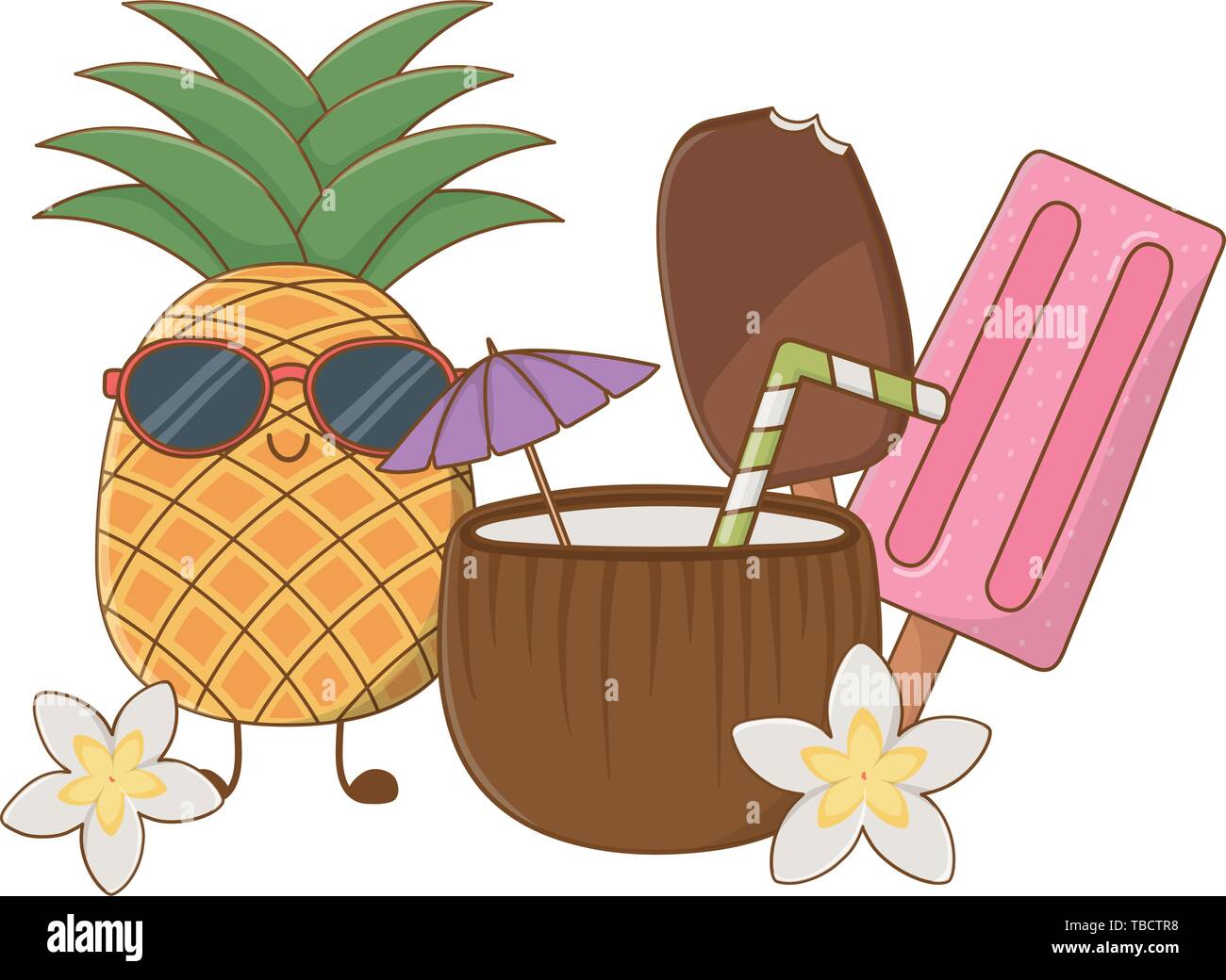 Summer pineapple with ice cream and cocktail fruits cartoons vector