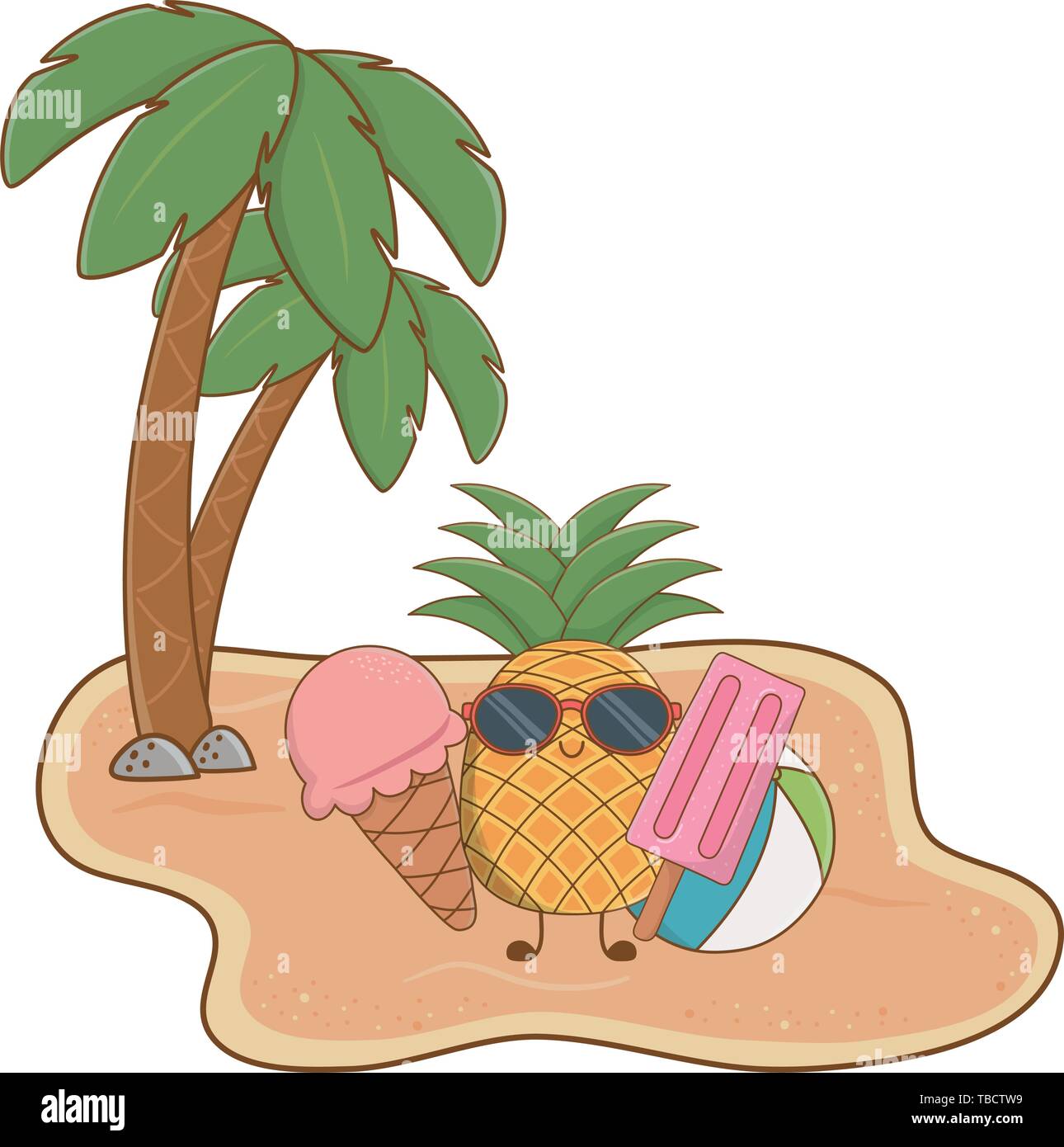 Summer pineapple with ice creams and sunglasses cartoons at beach with ...