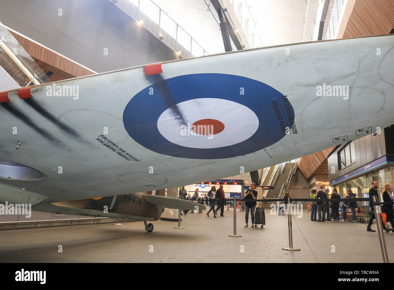 A replica of a Spitfire Mk.IX from RAF Duxford on display at London Bridge Station to mark the 75th Anniversary of D-Day. Stock Photo