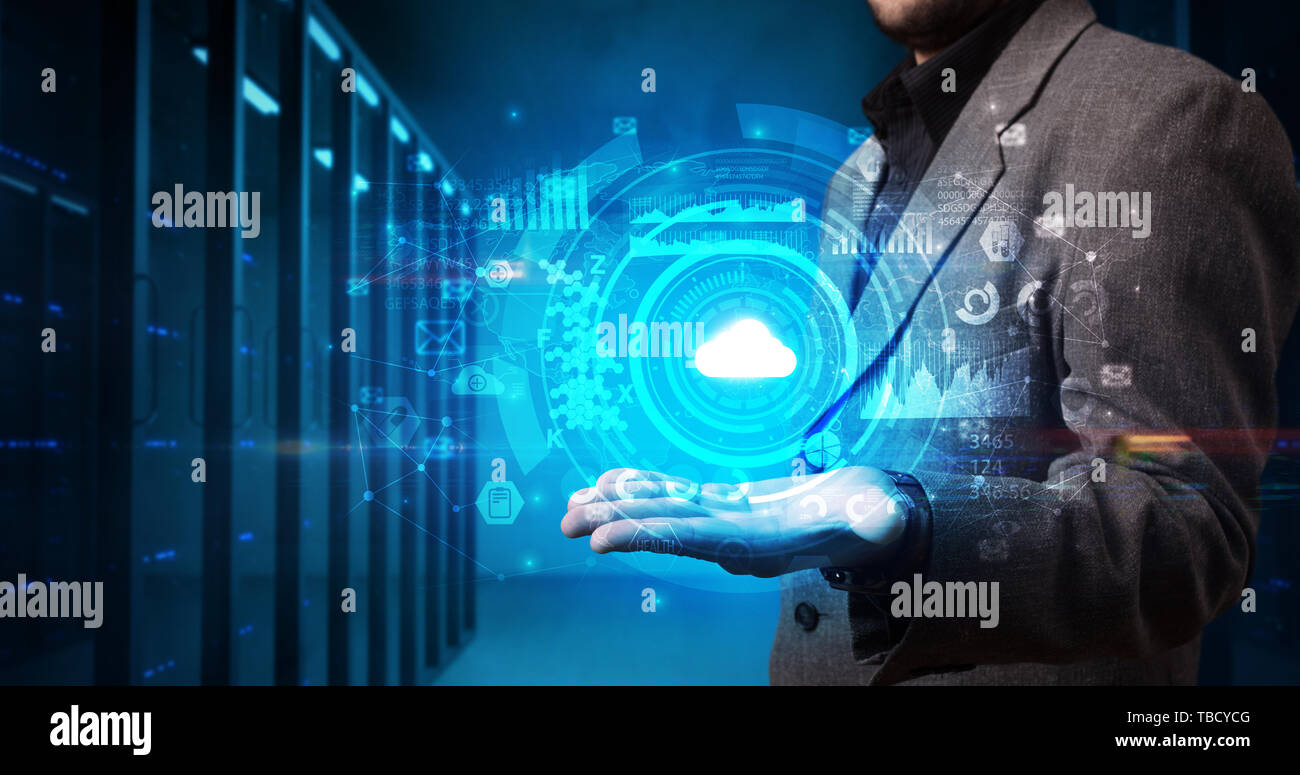 Man holding hologram projection displaying biometric security concept Stock Photo