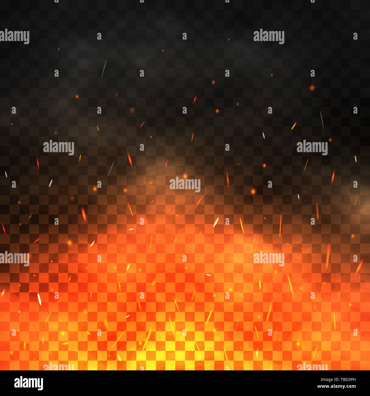 Fire sparks flying up. Realistic fire and smoke. Glowing particles on a ...