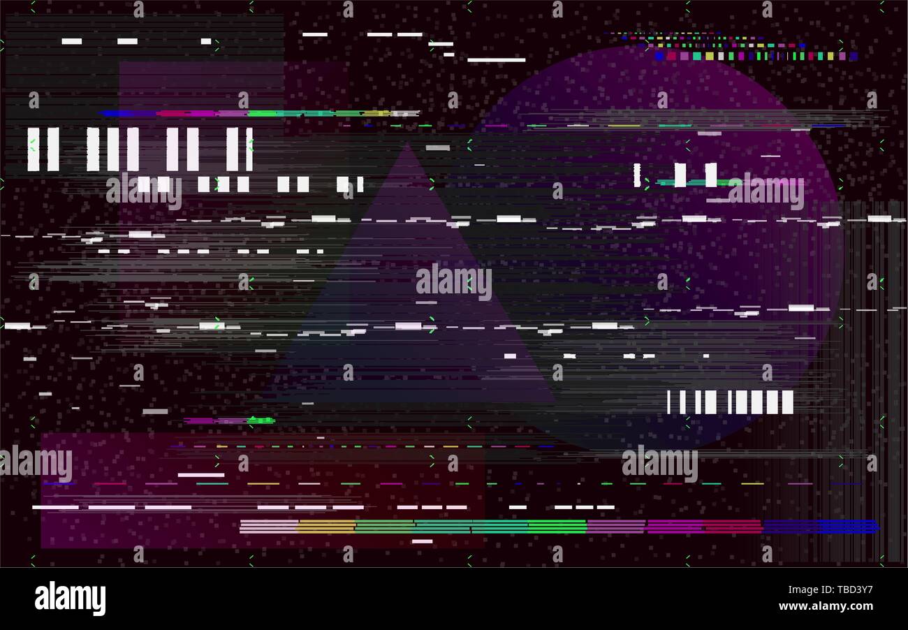 Glitch television on black background. Retro VHS backdrop. Glitched lines noise and color shapes. No signal. Vector illustration. Stock Vector