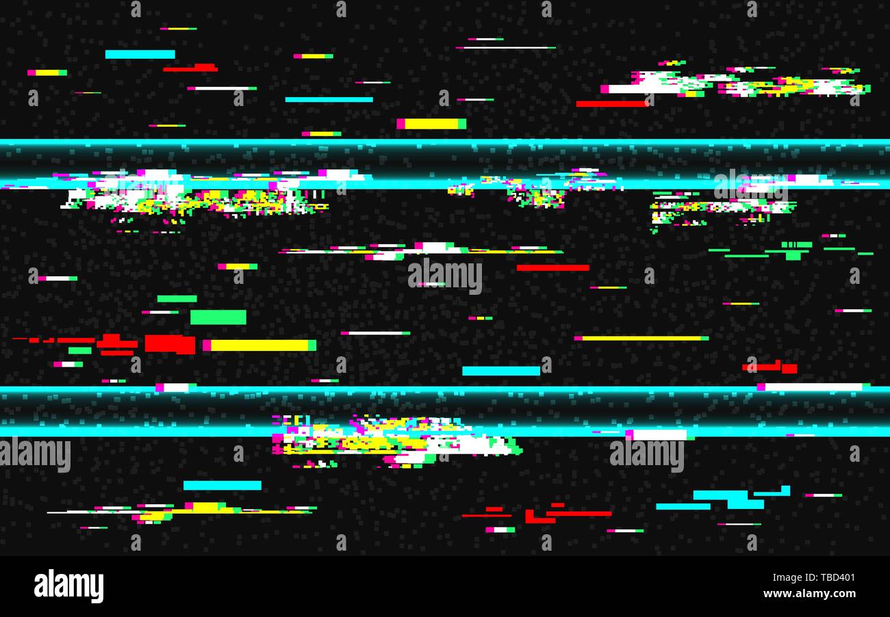 Glitch distortion template. VHS background with glitched color lines. Abstract pixel noise with rewind effect. HDTV no signal. TV problems. Vector ill Stock Vector