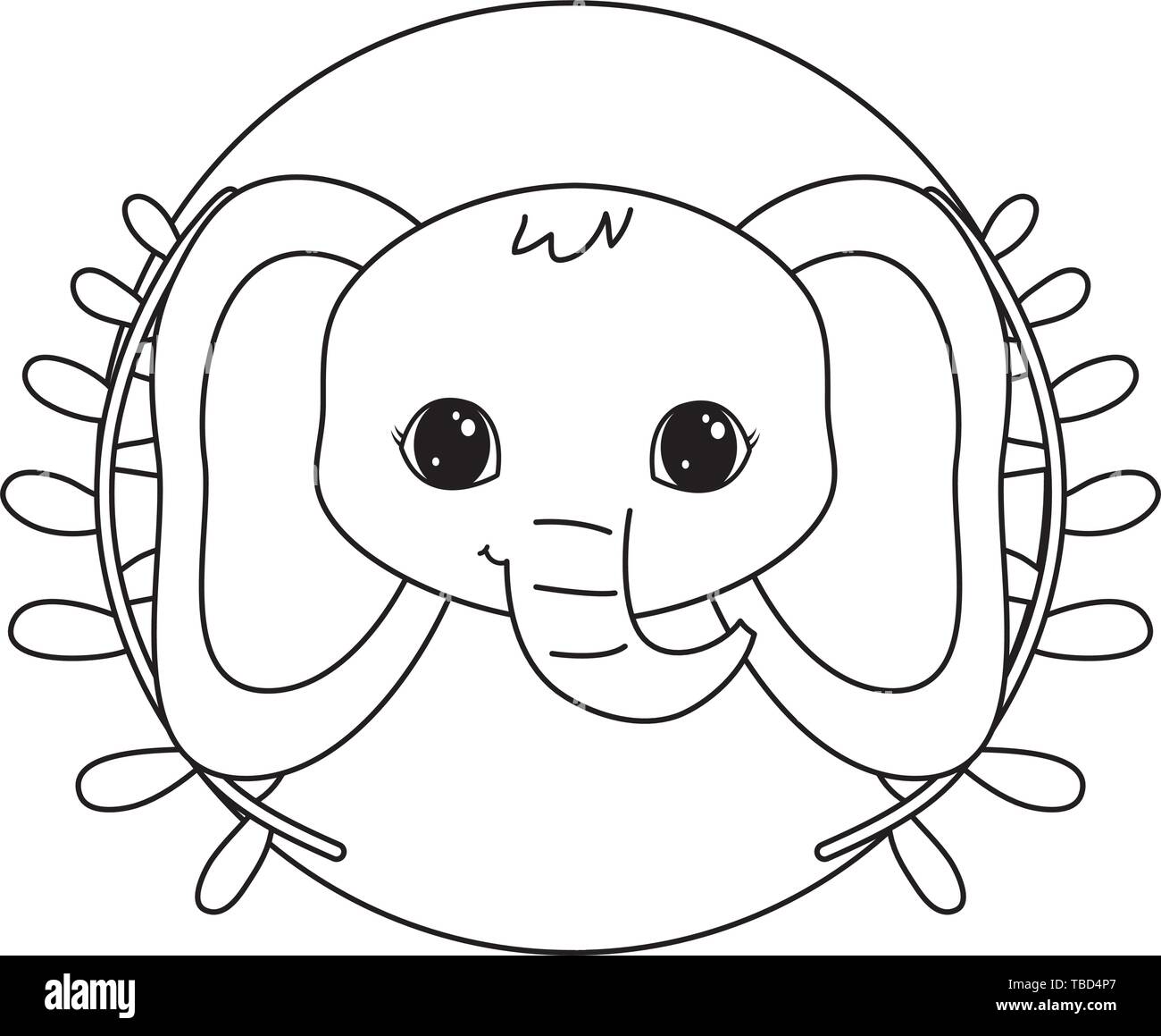 head of cute elephant in frame circular with crown of leafs vector ...