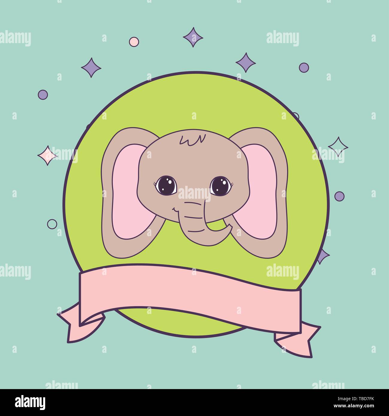 head of cute elephant in frame circular with ribbon vector illustration ...