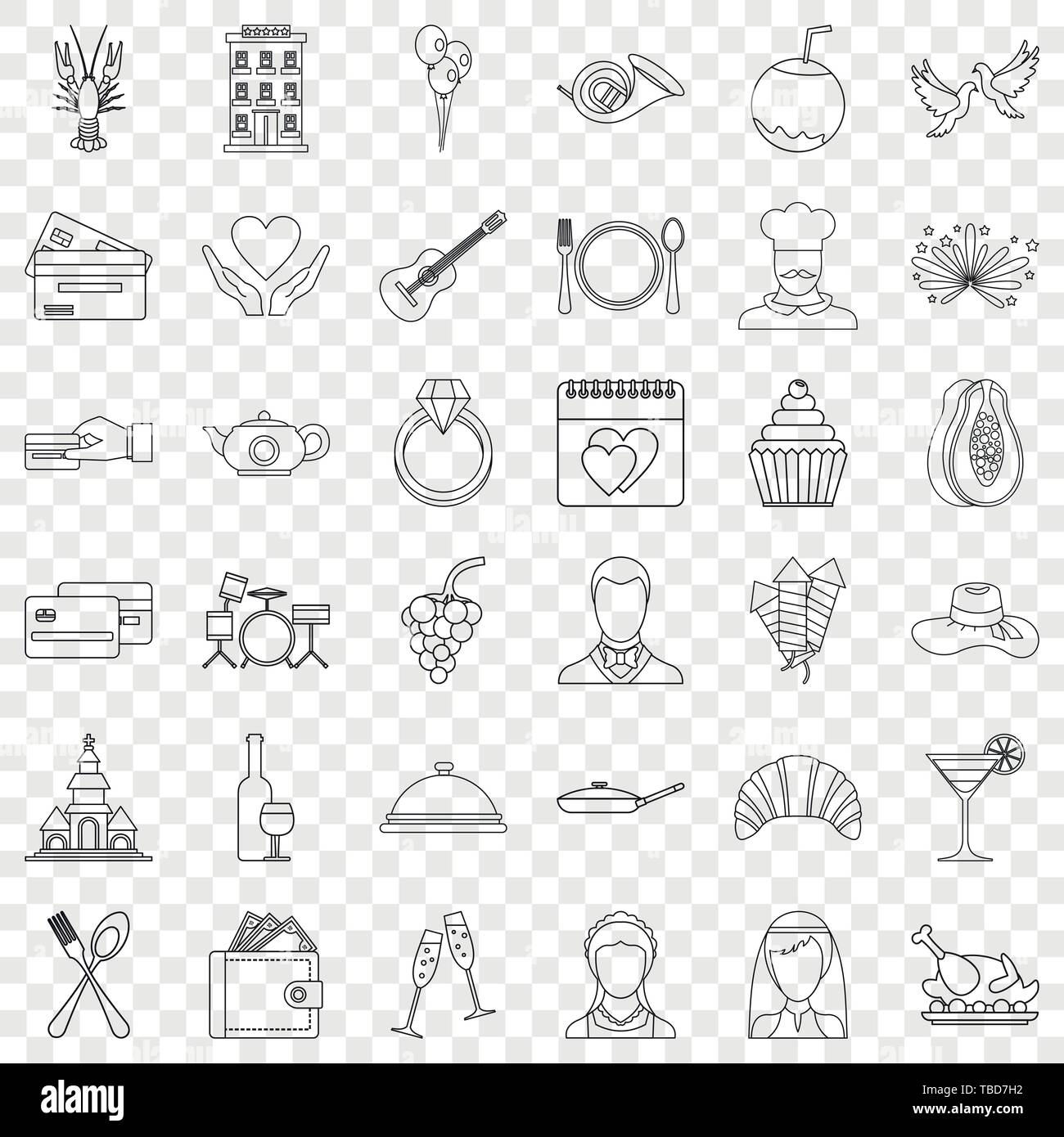 Wedding cafe icons set, outline style Stock Vector