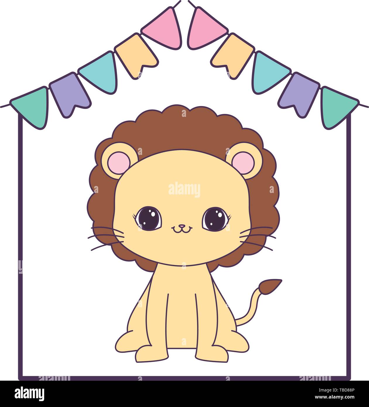 cute lion animal with garlands hanging vector illustration design Stock ...