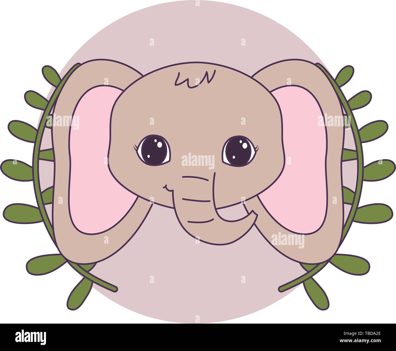 head of cute elephant in frame circular with crown of leafs vector ...