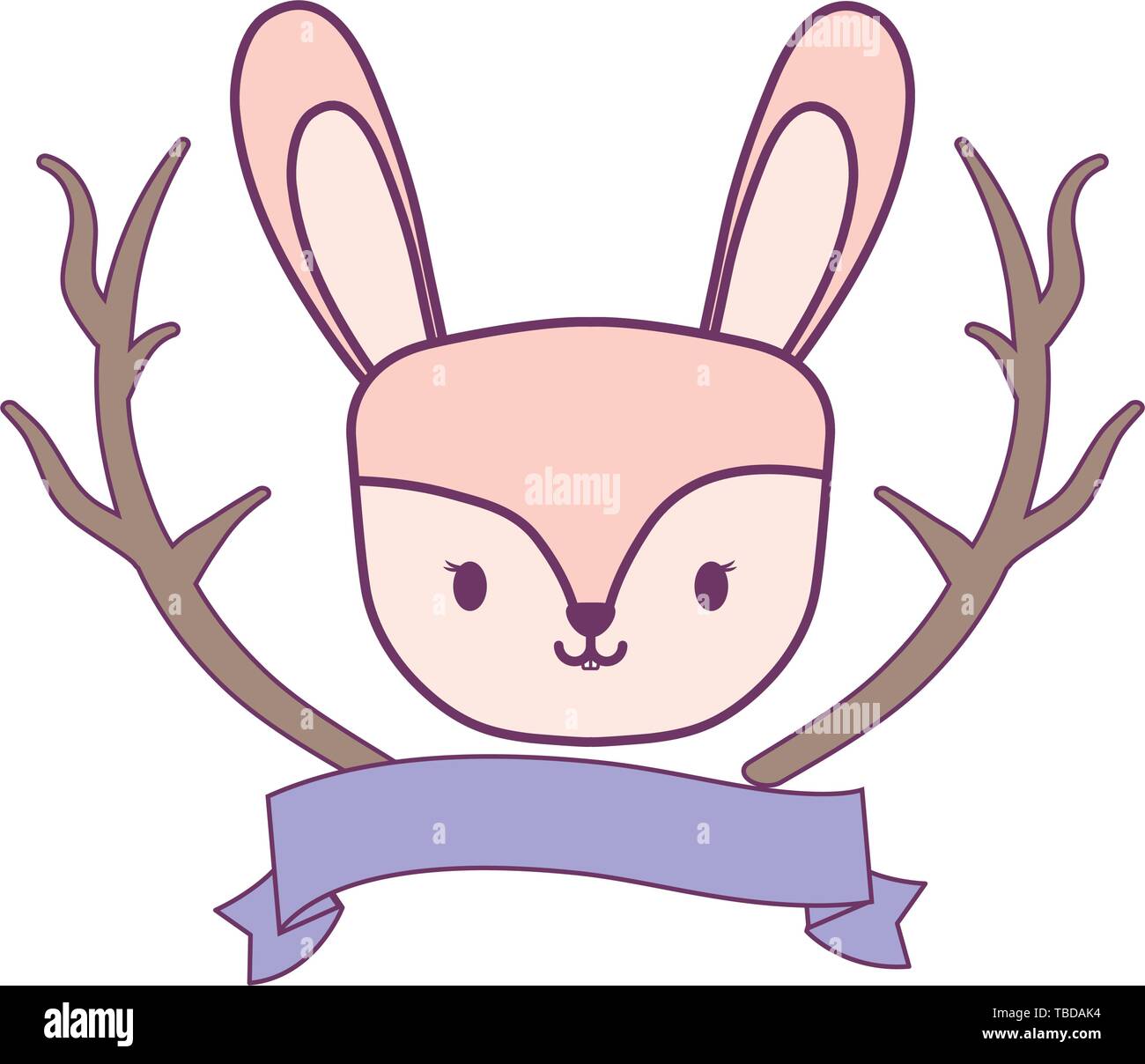 head of cute rabbit with tree branches and ribbon vector illustration ...