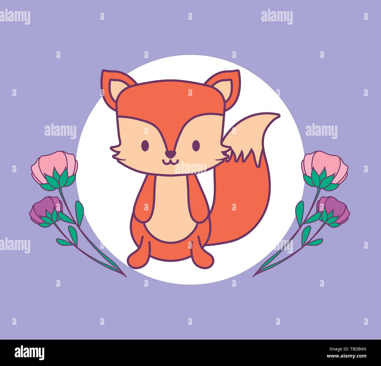 cute fox in frame circular with flowers isolated icon vector ...