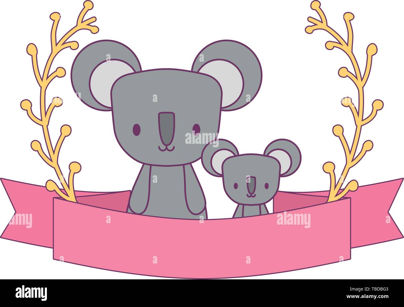 group of koalas with branches and ribbon vector illustration design ...