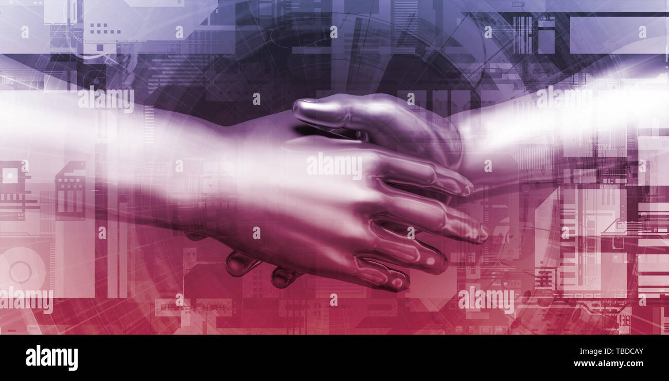 Virtual Hand Shake and Digital Agreement Tech Concept Stock Photo