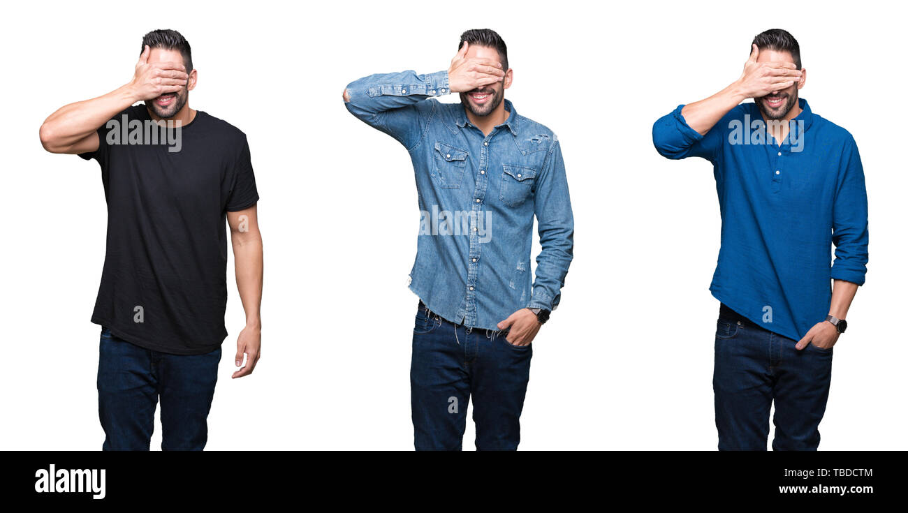 Collage of handsome man over white isolated background smiling and ...