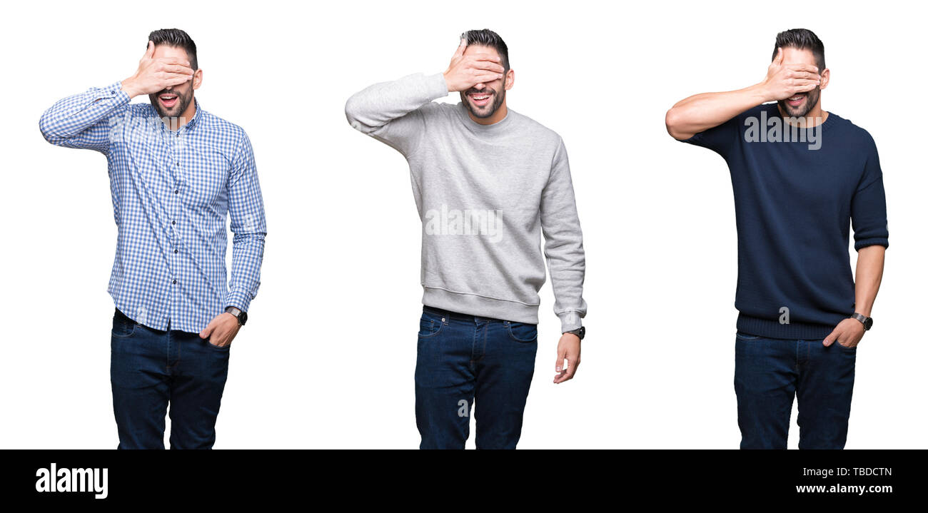 Collage of handsome business man over white isolated background smiling ...