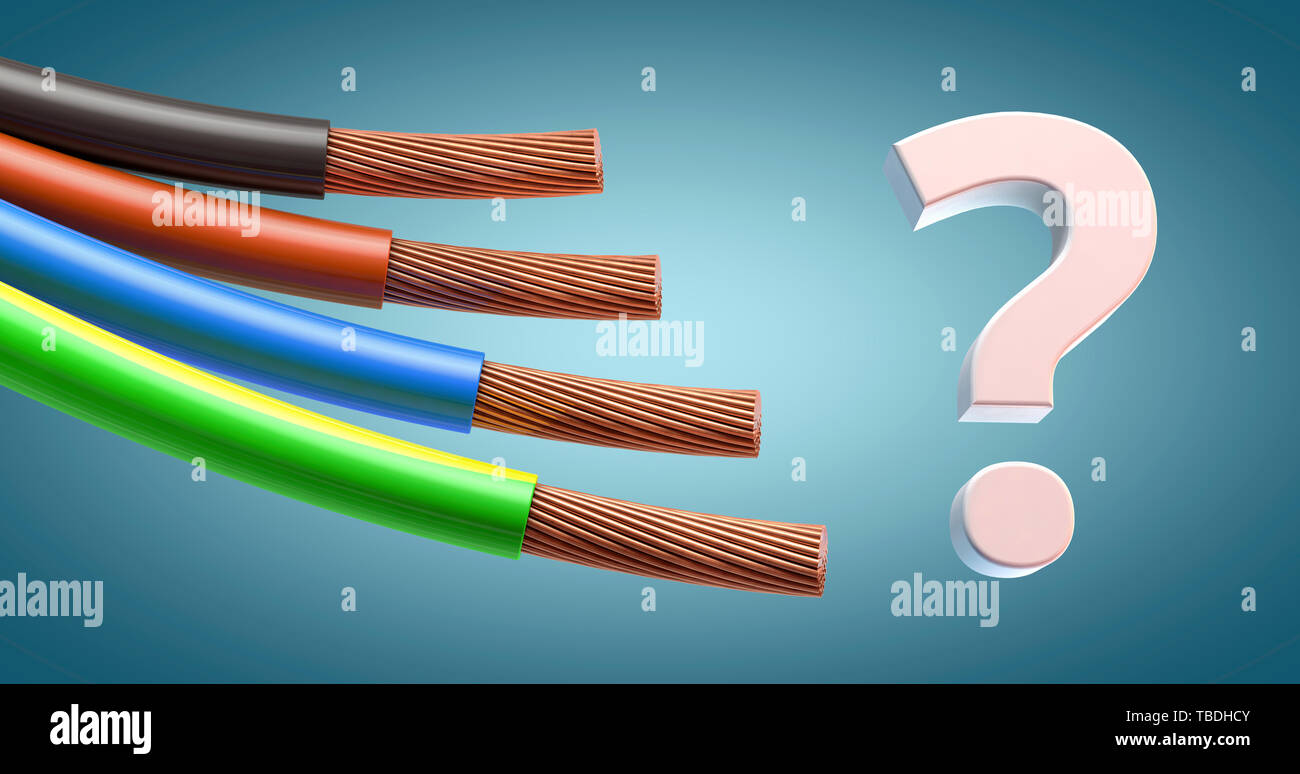 stripped power cables or power supply in the standard colors next to a question mark - 3d illustration Stock Photo