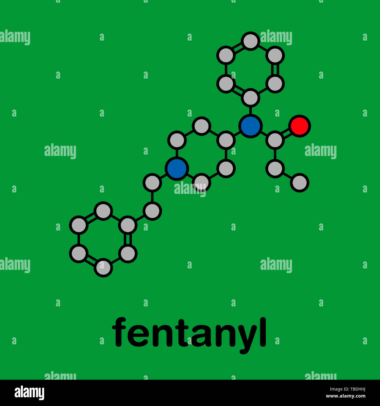 Fentanyl (fentanil) opioid analgesic drug, chemical structure. Conventional  skeletal formula and stylized representation, showing atoms (except  hydrogen) as color coded circles.