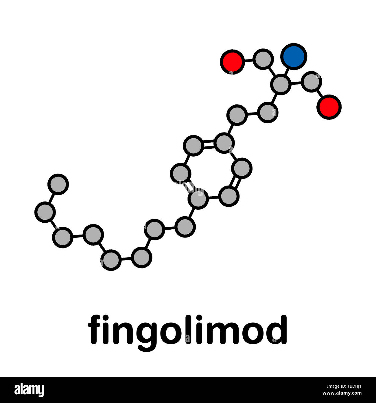 Fingolimod multiple sclerosis (MS) drug molecule. Stylized skeletal formula (chemical structure). Atoms are shown as color-coded circles with thick black outlines and bonds: hydrogen (hidden), carbon (grey), oxygen (red), nitrogen (blue). Stock Photo