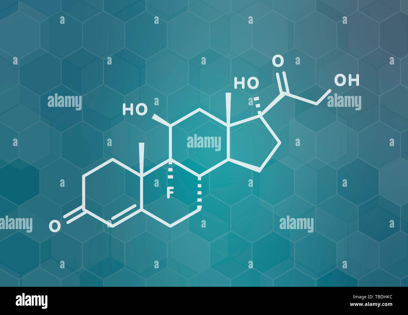 Fludrocortisone aldosterone hormone substitution drug molecule. White skeletal formula on dark teal gradient background with hexagonal pattern. Stock Photo