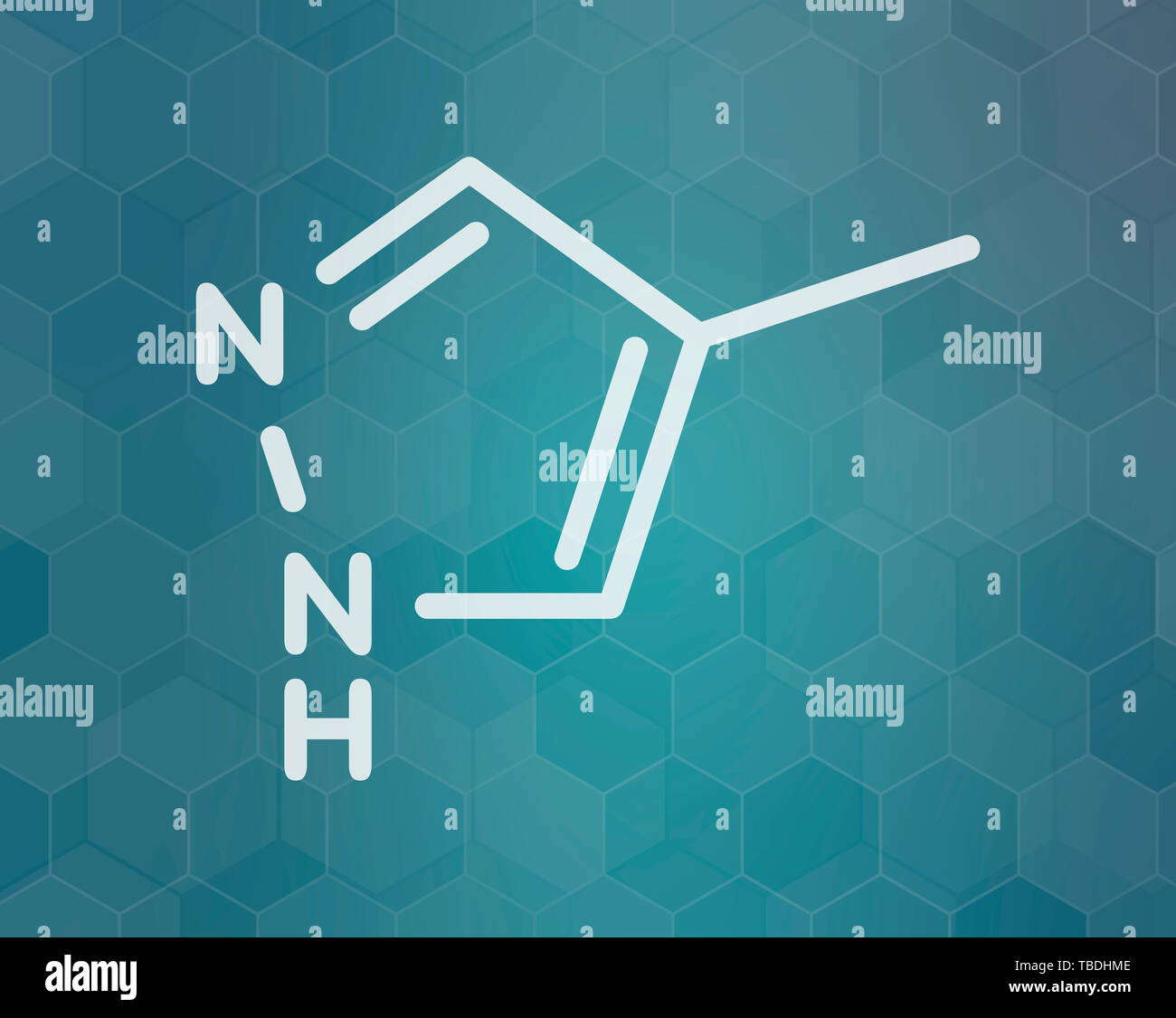 Fomepizole methanol poisoning antidote molecule. White skeletal formula on dark teal gradient background with hexagonal pattern. Stock Photo