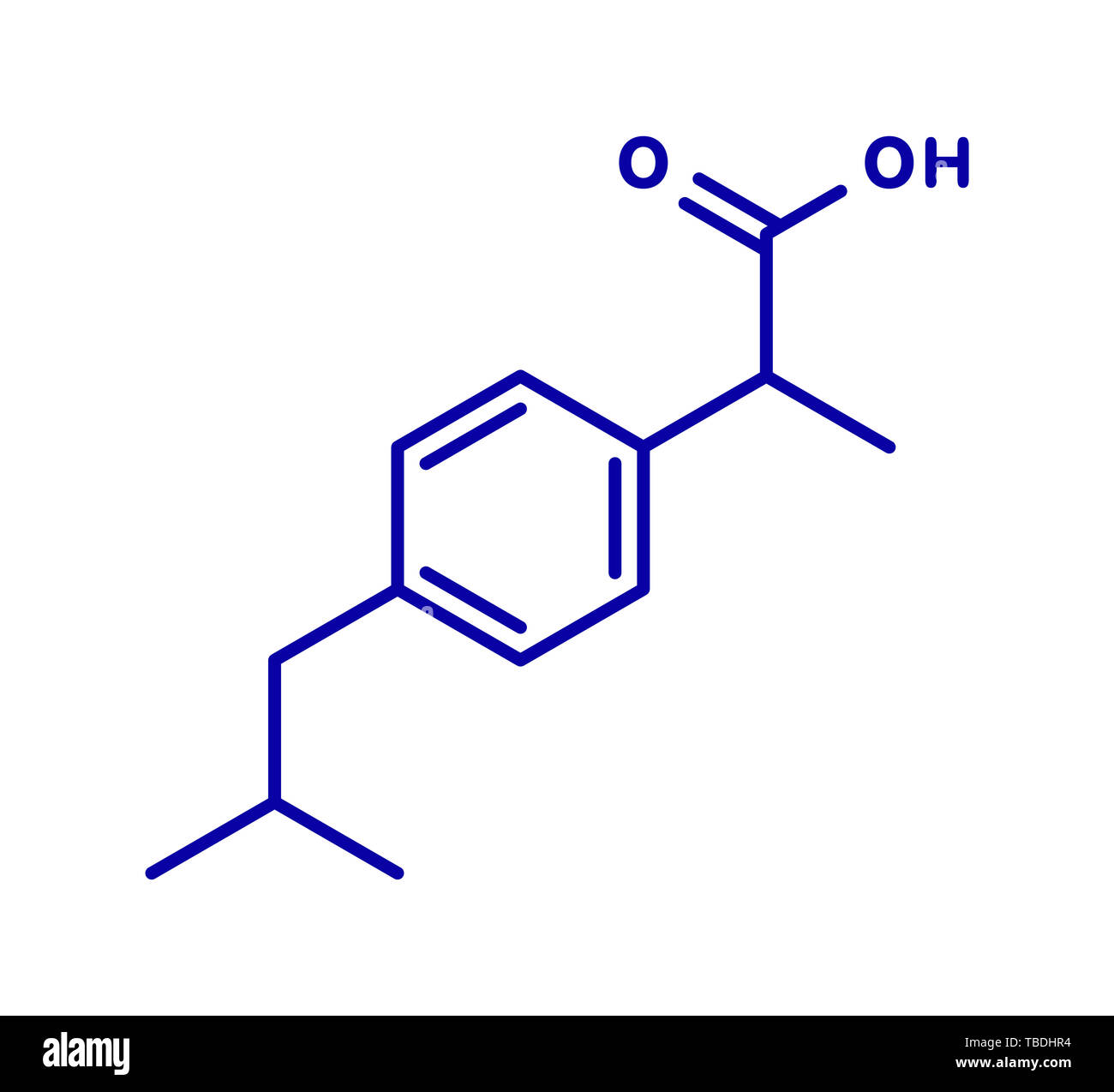 Ibuprofen pain and inflammation drug (NSAID) molecule. Blue skeletal