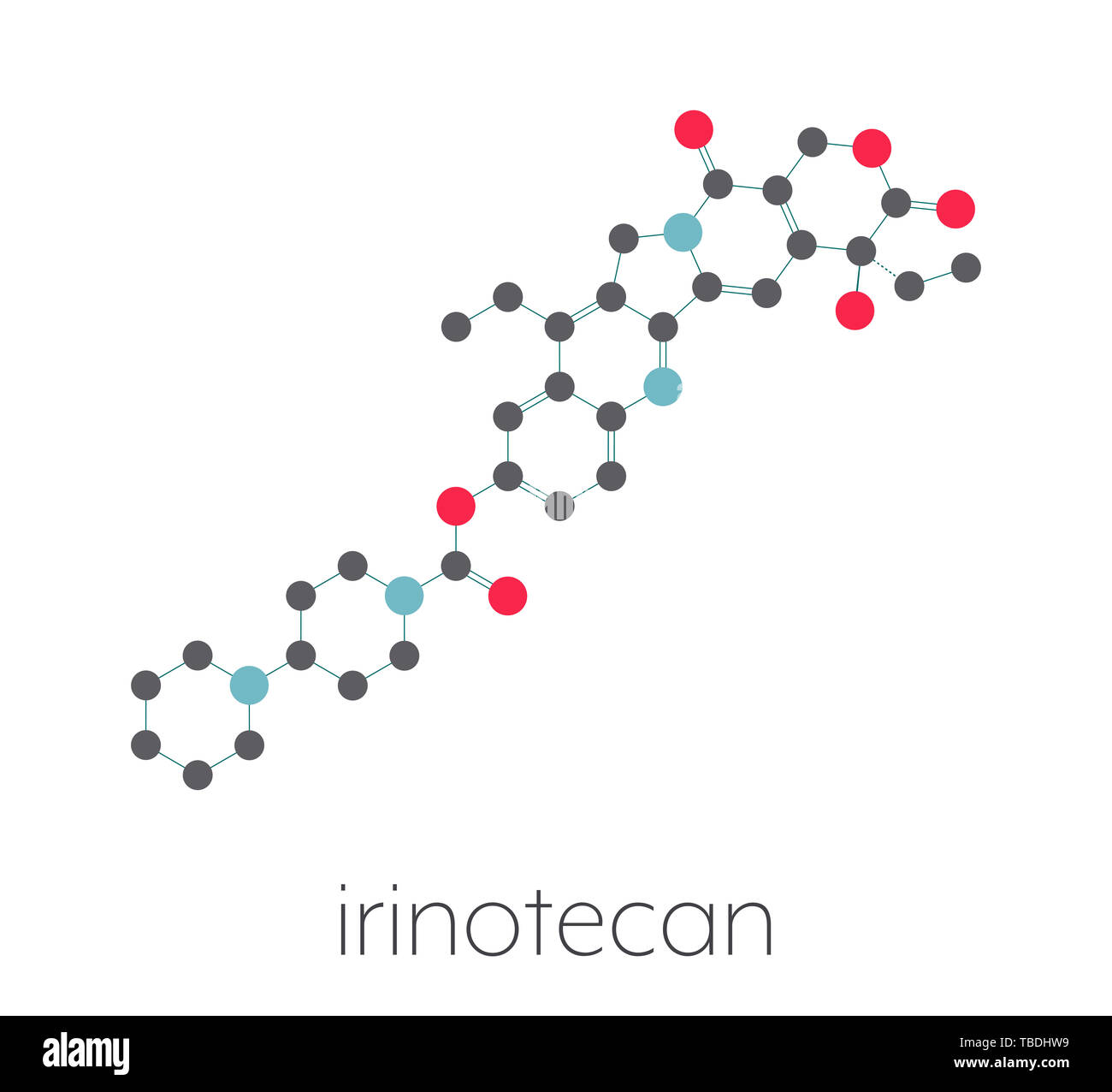 Irinotecan cancer chemotherapy drug molecule. Stylized skeletal formula (chemical structure). Atoms are shown as color-coded circles connected by thin bonds, on a white background: hydrogen (hidden), carbon (grey), nitrogen (blue), oxygen (red). Stock Photo