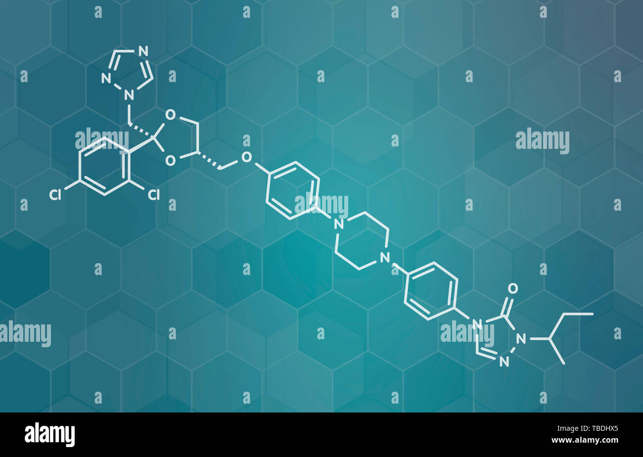 Itraconazole antifungal drug (triazole class) molecule. White skeletal formula on dark teal