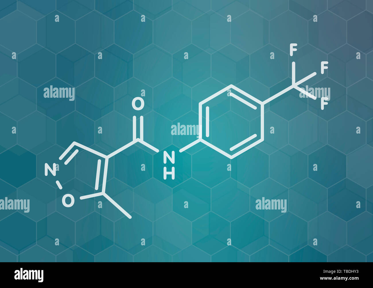 Leflunomide rheumatoid arthritis drug molecule. White skeletal formula on dark teal gradient