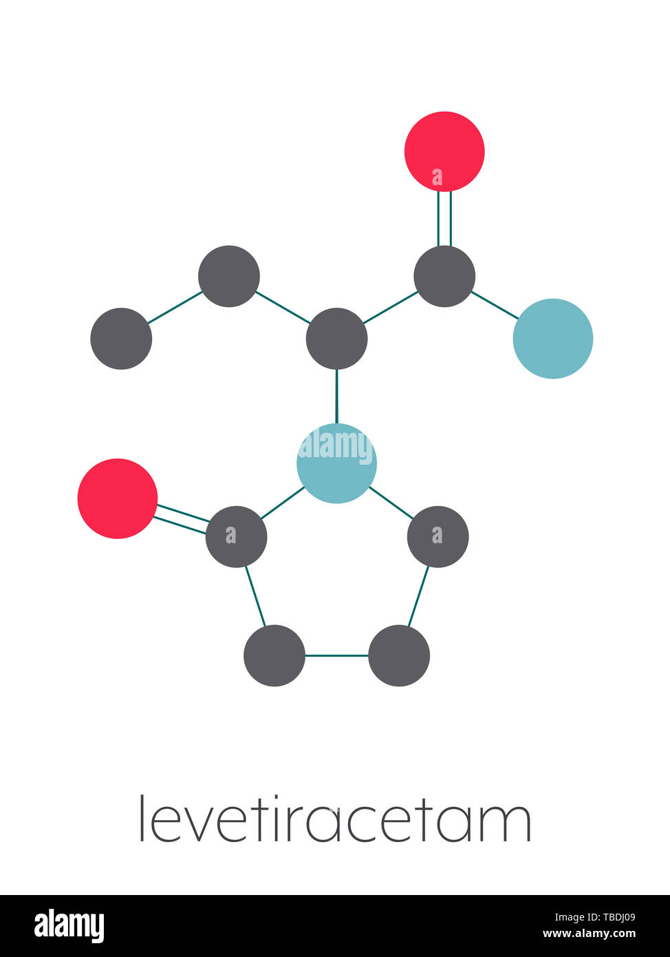 Levetiracetam epilepsy (seizures) drug molecule. S-isomer of etiracetam. Stylized skeletal formula (chemical structure). Atoms are shown as color-coded circles connected by thin bonds, on a white background: hydrogen (hidden), carbon (grey), oxygen (red), nitrogen (blue). Stock Photo