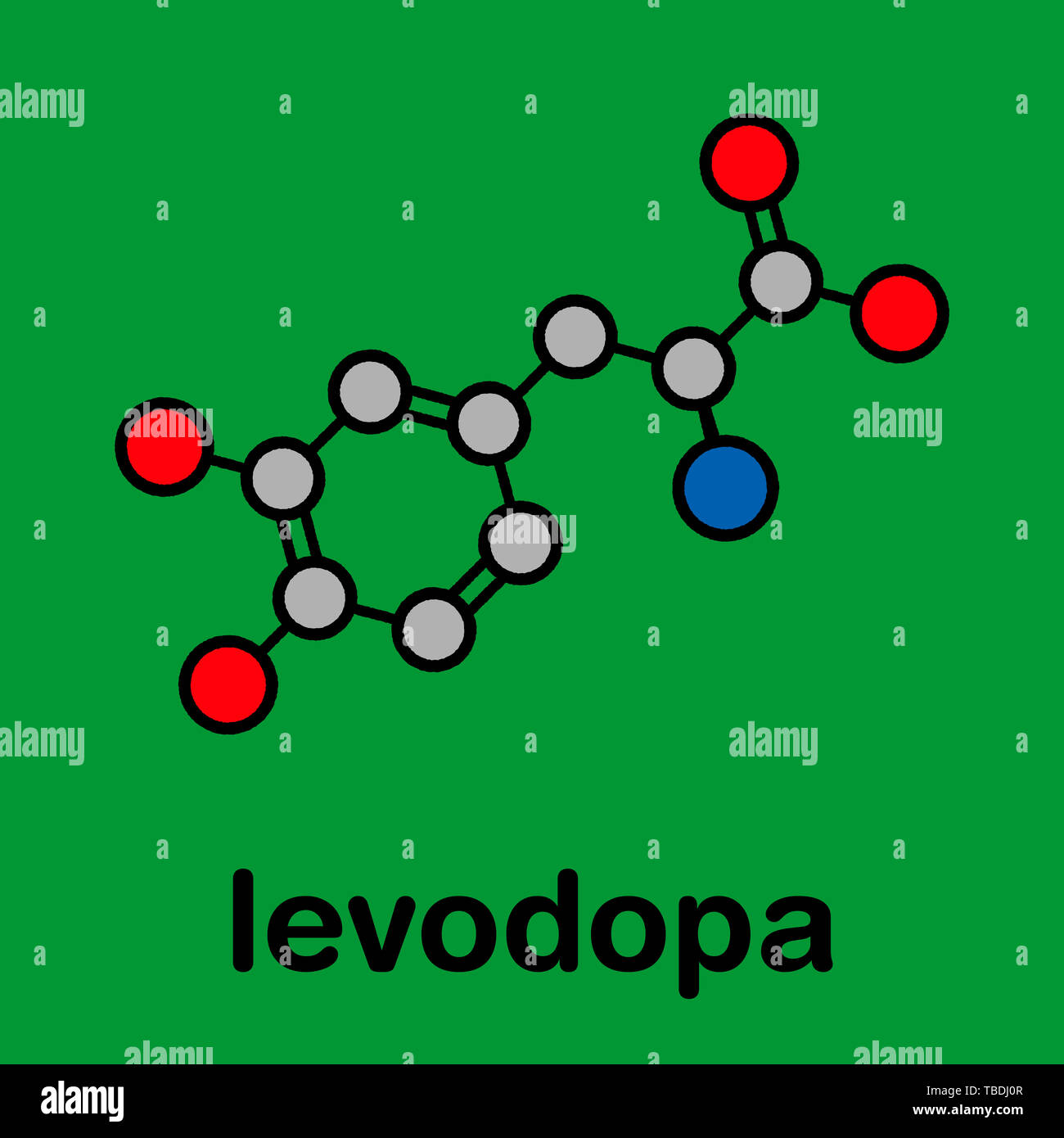 L-DOPA (levodopa) Parkinson's disease drug molecule. Stylized skeletal formula (chemical structure). Atoms are shown as color-coded circles with thick black outlines and bonds: hydrogen (hidden), carbon (grey), oxygen (red), nitrogen (blue). Stock Photo