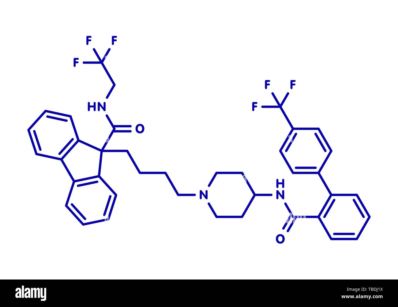 Lomitapide cholesterol lowering drug molecule. Used in treatment of homozygous familial hypercholesterolemia. Blue skeletal formula on white background. Stock Photo