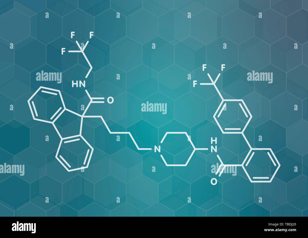 Lomitapide cholesterol lowering drug molecule. Used in treatment of homozygous familial hypercholesterolemia. White skeletal formula on dark teal gradient background with hexagonal pattern. Stock Photo