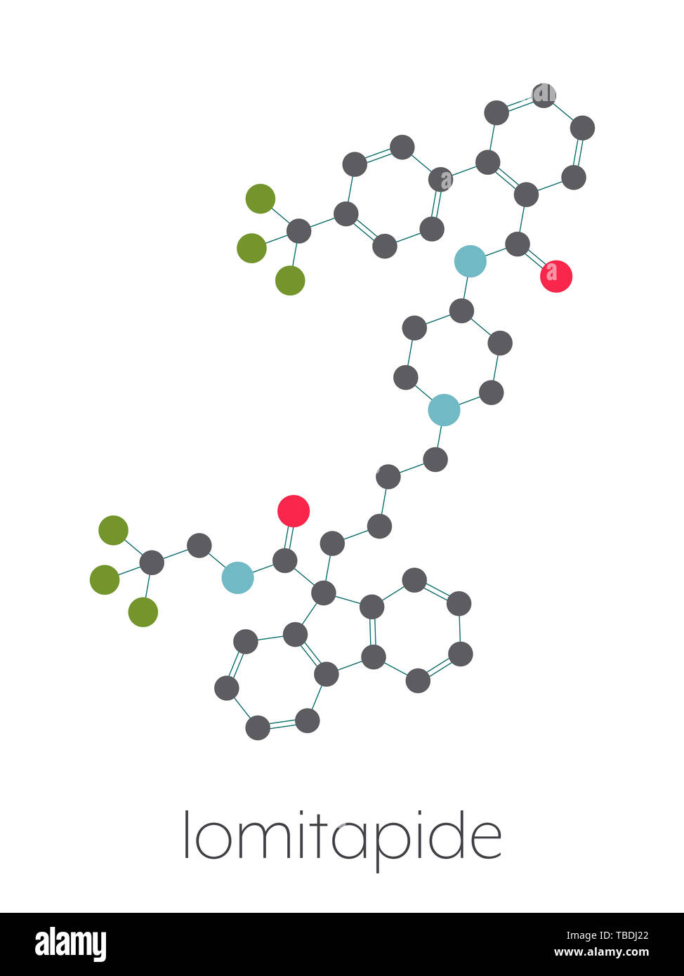 Lomitapide cholesterol lowering drug molecule. Used in treatment of homozygous familial hypercholesterolemia. Stylized skeletal formula (chemical structure). Atoms are shown as color-coded circles connected by thin bonds, on a white background: hydrogen (hidden), carbon (grey), oxygen (red), nitrogen (blue), fluorine (green). Stock Photo