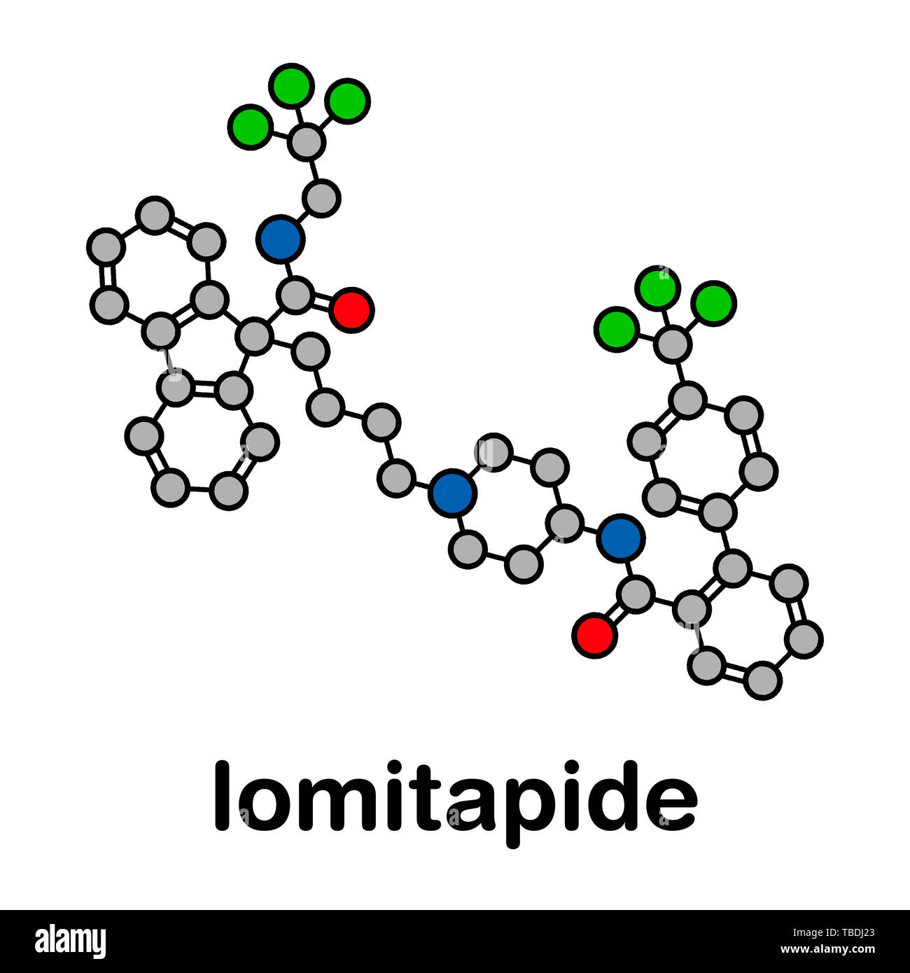 Lomitapide cholesterol lowering drug molecule. Used in treatment of homozygous familial hypercholesterolemia. Stylized skeletal formula (chemical structure). Atoms are shown as color-coded circles with thick black outlines and bonds: hydrogen (hidden), carbon (grey), oxygen (red), nitrogen (blue), fluorine (green). Stock Photo