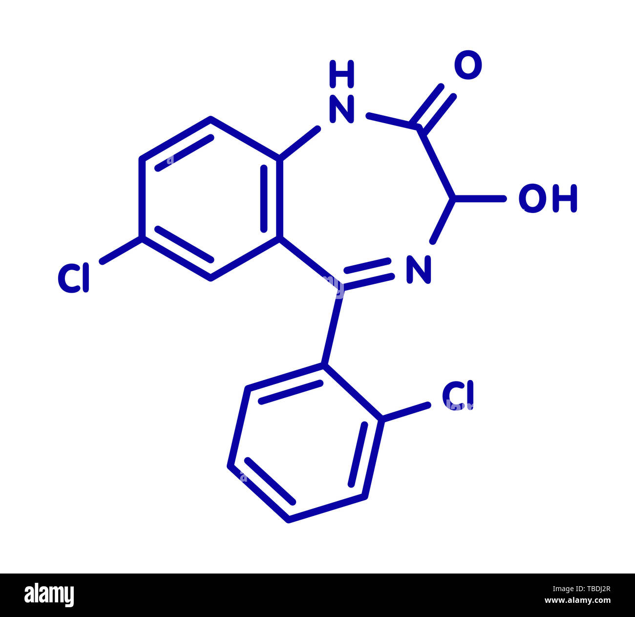 Lorazepam sedative and hypnotic drug (benzodiazepine class) molecule. Blue skeletal formula on