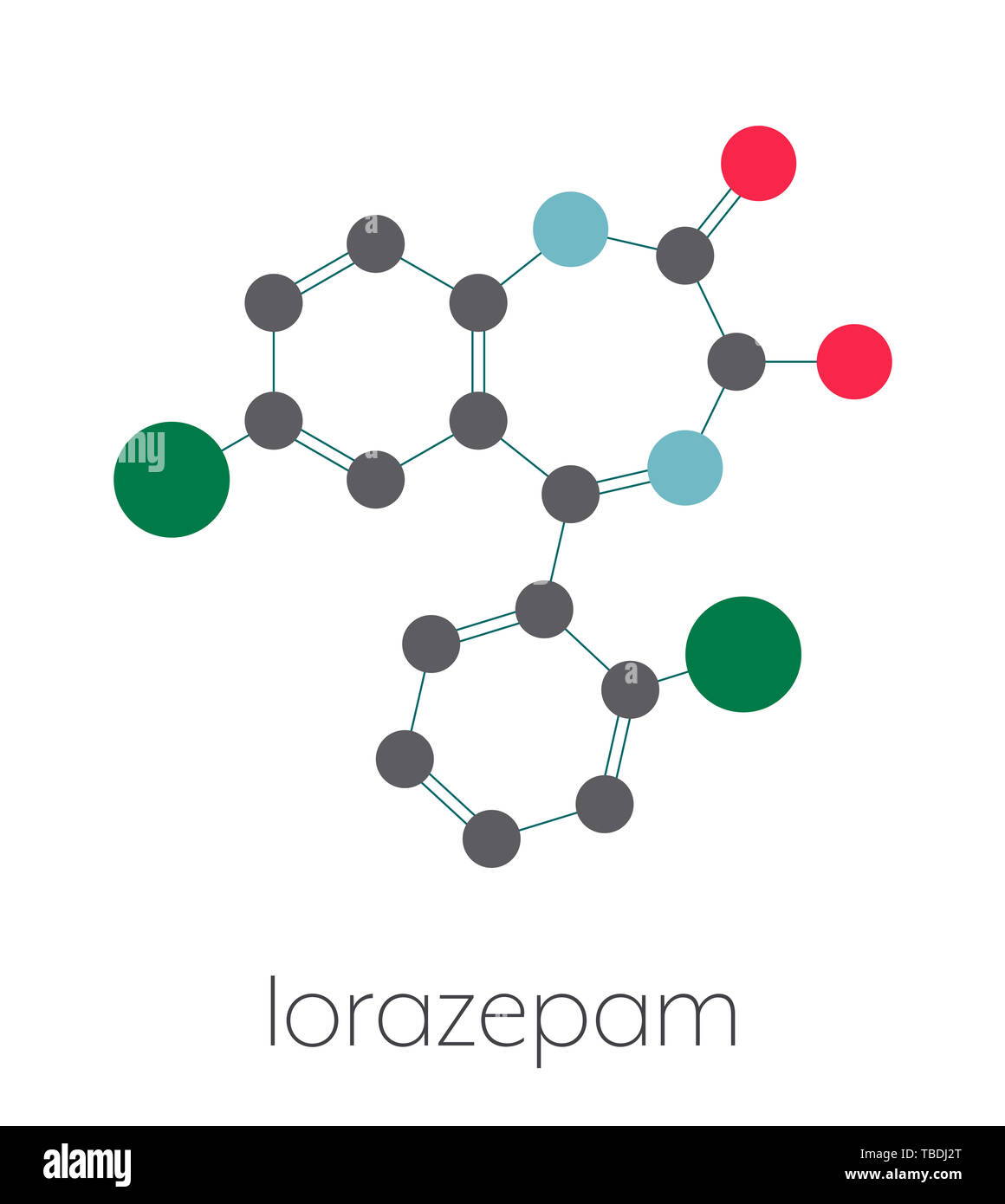 Lorazepam sedative and hypnotic drug (benzodiazepine class) molecule. Stylized skeletal formula