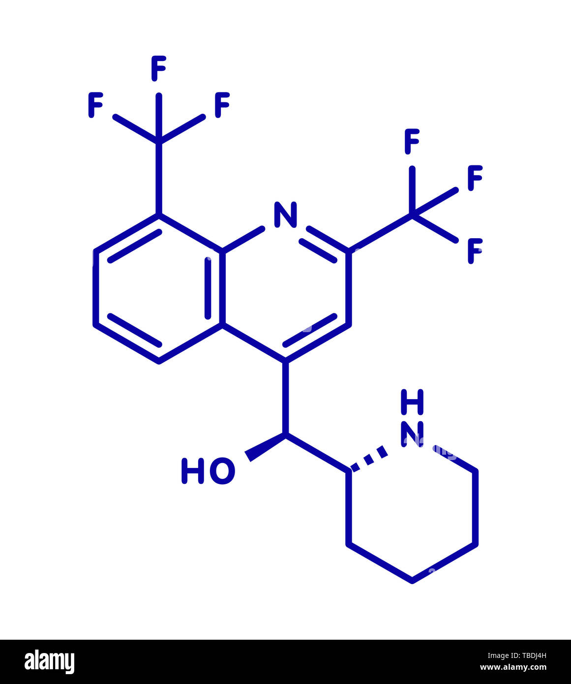 Mefloquine malaria drug molecule. Blue skeletal formula on white background. Stock Photo