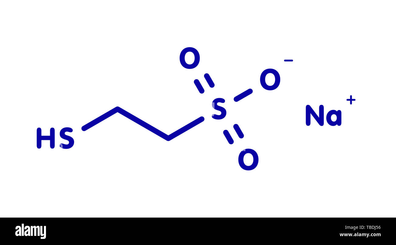 Mesna cancer chemotherapy adjuvant and mucolytic drug molecule. Blue skeletal formula on white background. Stock Photo