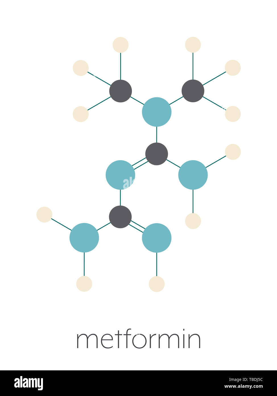 Metformin diabetes drug (biguanide class) molecule. Stylized skeletal ...