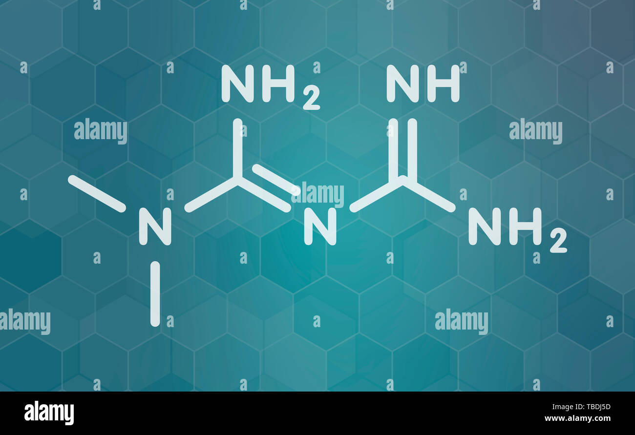 Metformin diabetes drug (biguanide class) molecule. White skeletal ...