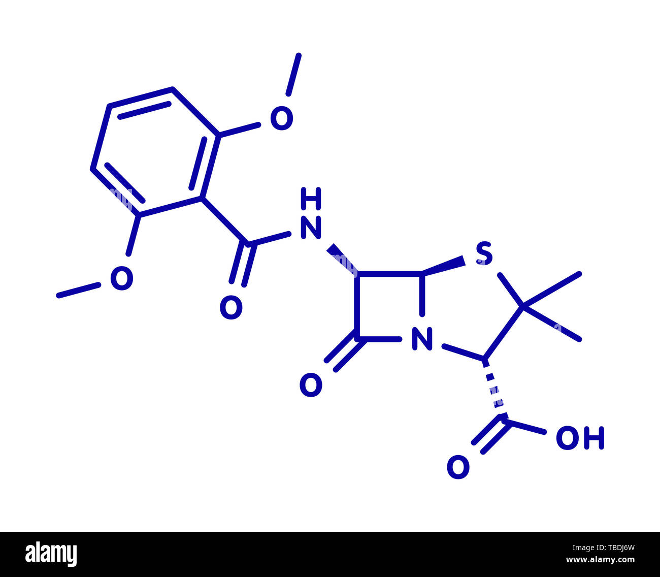 Meticillin antibiotic drug (beta-lactam class) molecule. MRSA stands for Methicillin-resistant staphylococcus aureus. Blue skeletal formula on white background. Stock Photo