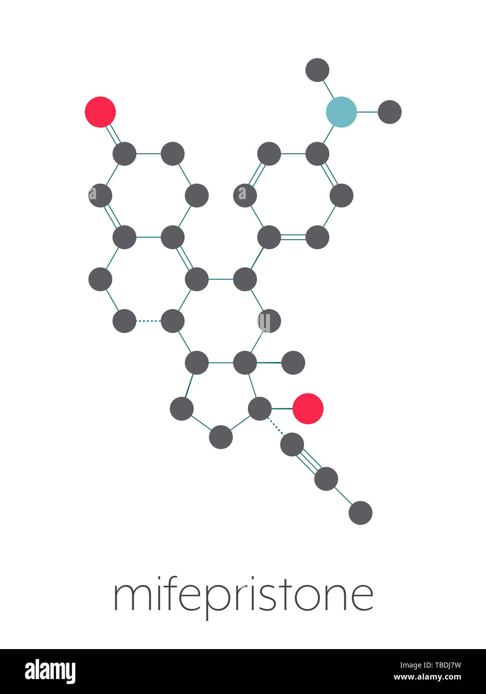 Mifepristone abortion-inducing drug molecule. Also used as emergency contraceptive agent. Stylized skeletal formula (chemical structure). Atoms are shown as color-coded circles connected by thin bonds, on a white background: hydrogen (hidden), carbon (grey), oxygen (red), nitrogen (blue) Stock Photo