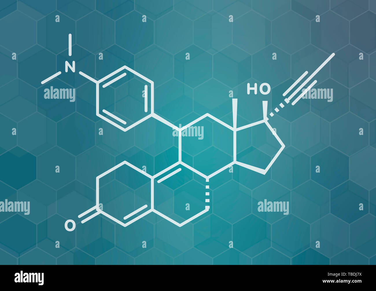Mifepristone abortion-inducing drug molecule. Also used as emergency contraceptive agent. White skeletal formula on dark teal gradient background with hexagonal pattern. Stock Photo