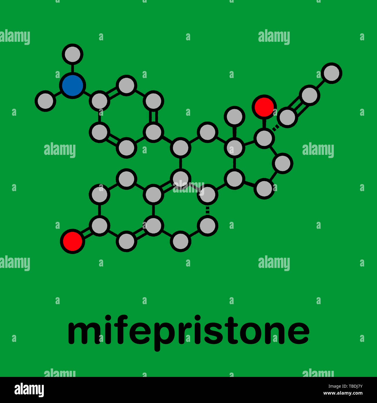 Mifepristone abortion-inducing drug molecule. Also used as emergency contraceptive agent. Stylized skeletal formula (chemical structure). Atoms are shown as color-coded circles with thick black outlines and bonds: hydrogen (hidden), carbon (grey), oxygen (red), nitrogen (blue) Stock Photo