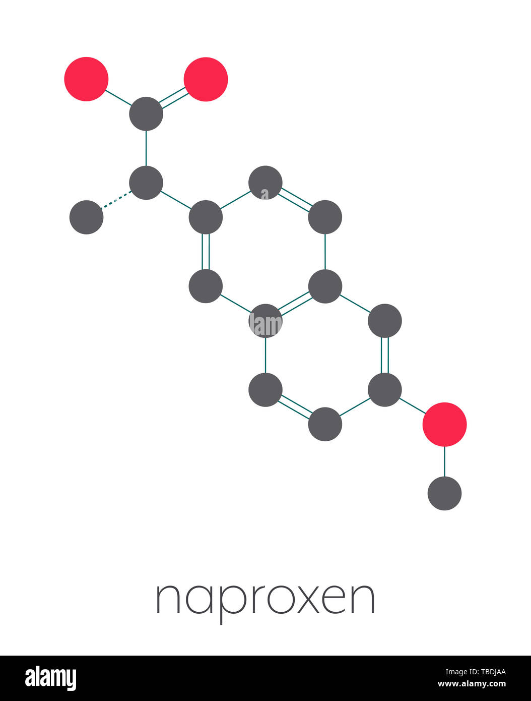 Naproxen pain and inflammation drug (NSAID) molecule. Stylized skeletal