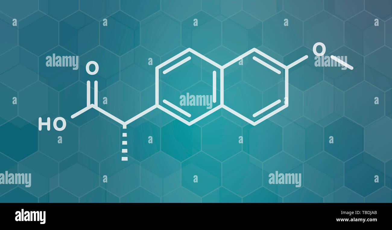 Naproxen pain and inflammation drug (NSAID) molecule. White skeletal