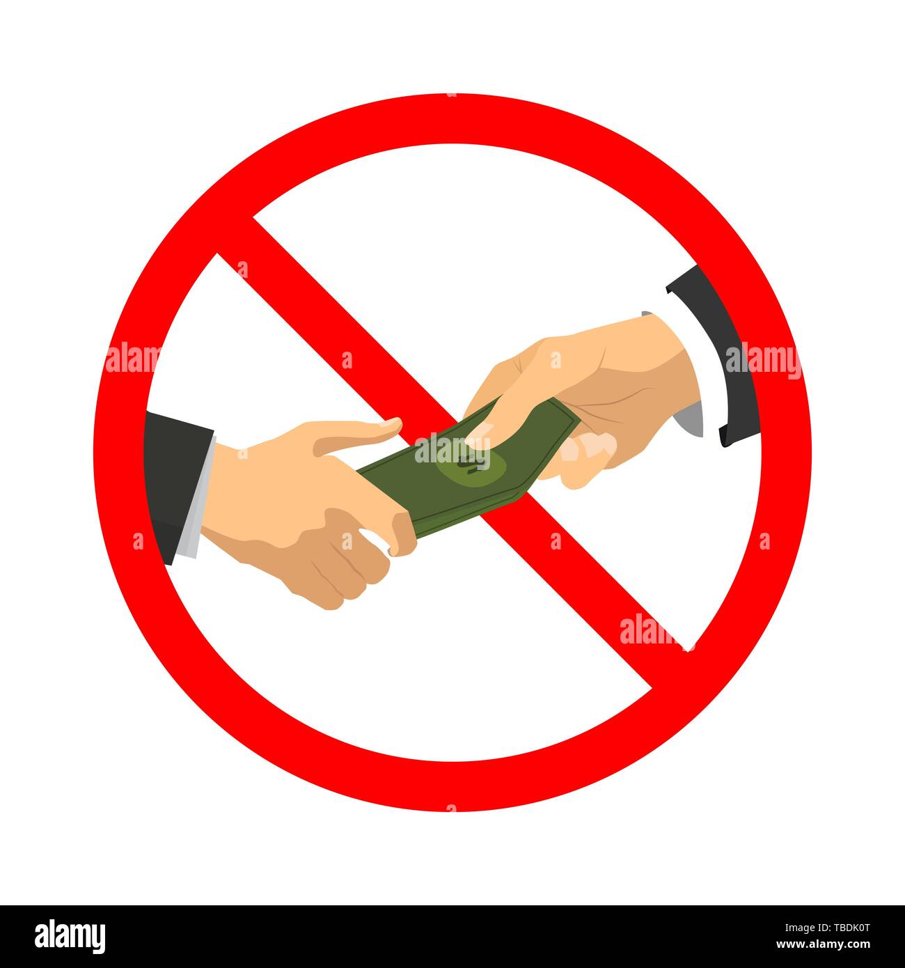 Do not bribe, red forbidden sign with two flat hands holds stack of
