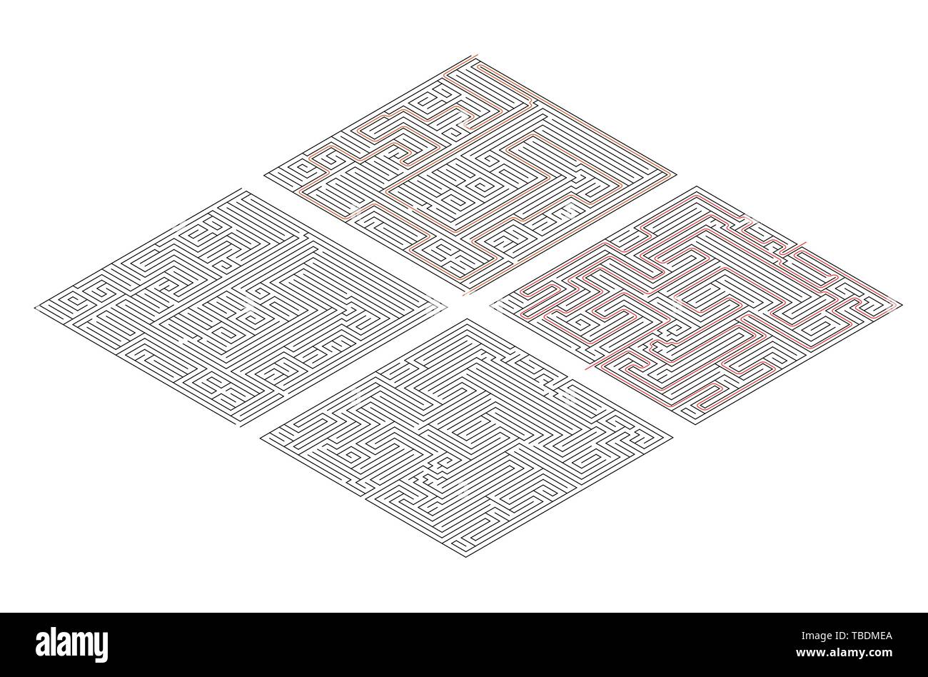 Two different mazes of high complexity in isometric view isolated on white and solution with red paths Stock Vector